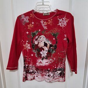 Blue Canyon Clothing Christmas Santa Embellished Tee 3/4 sleeve, M